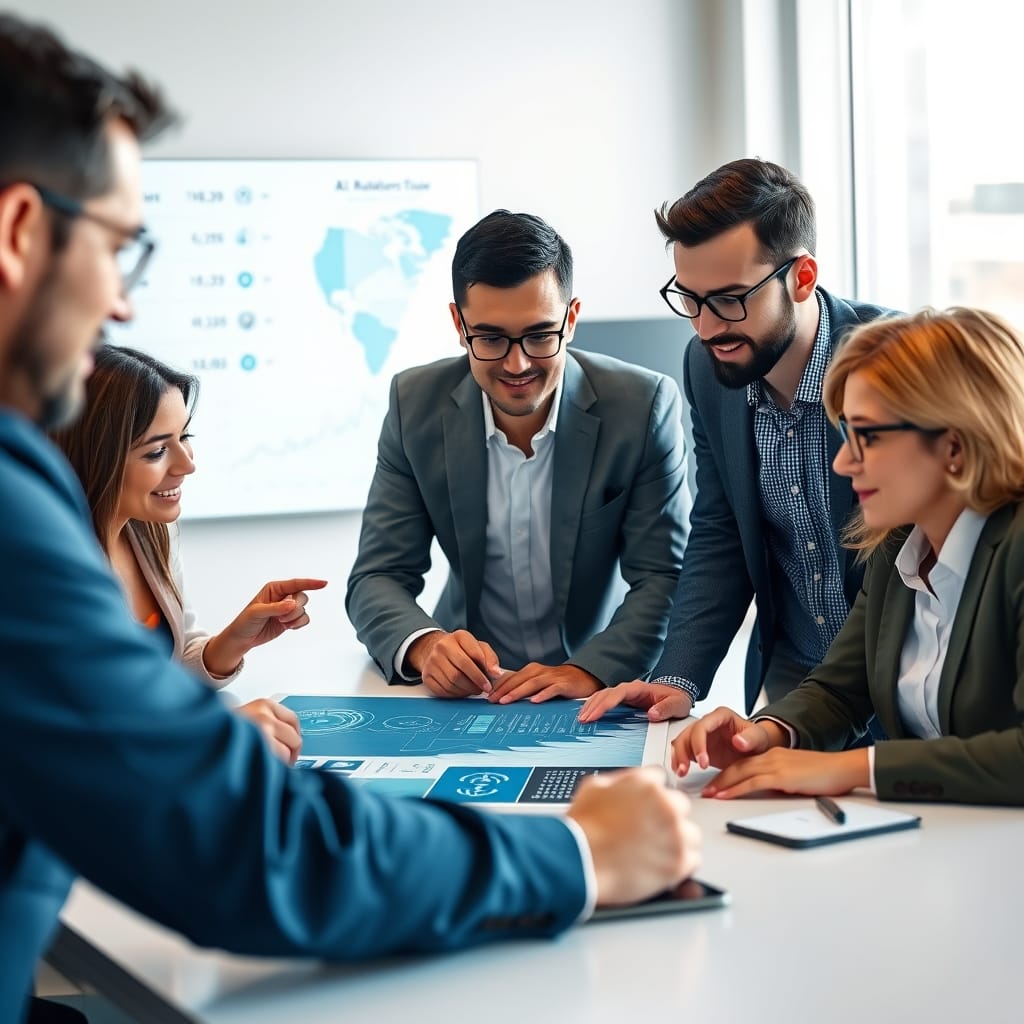 Business and tech professionals analyzing AI strategy and agent implementation