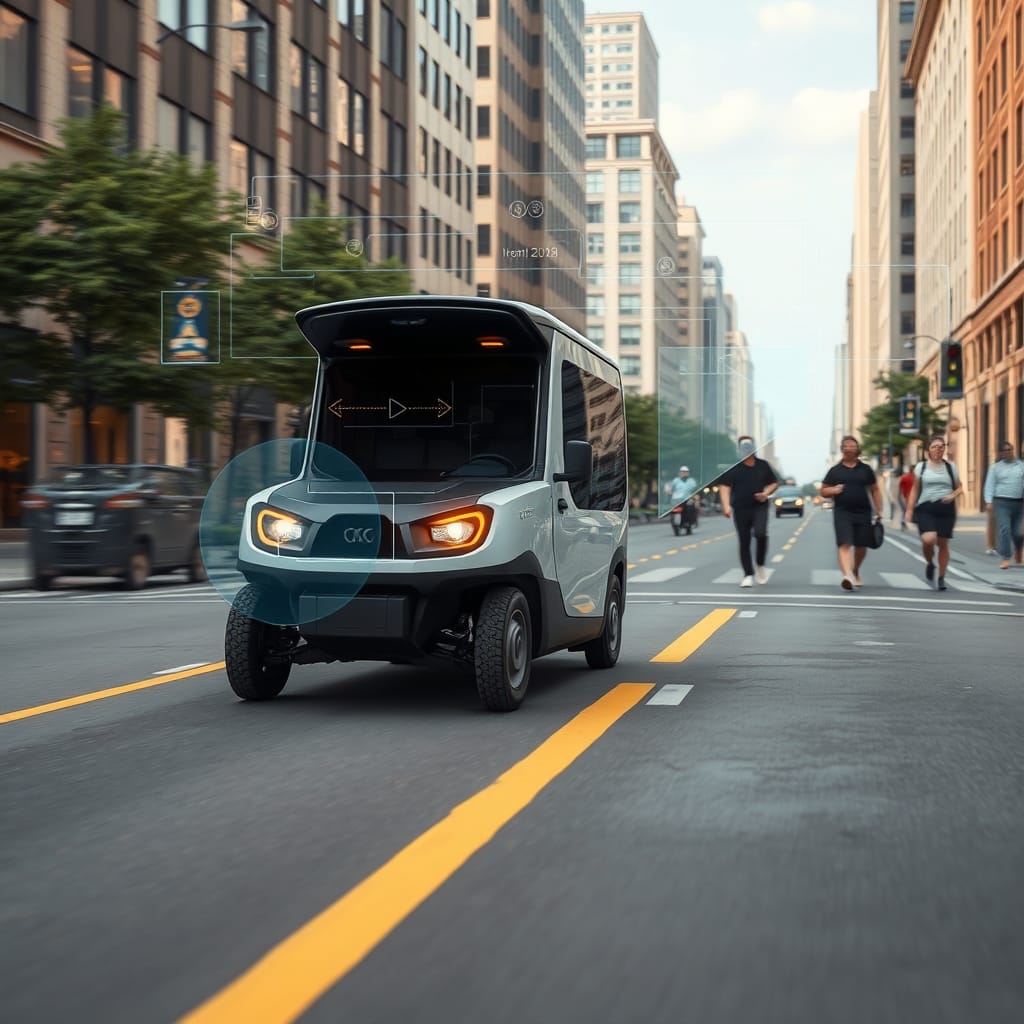 An autonomous vehicle operating in an urban environment, showcasing the application of AI for real-world navigation.