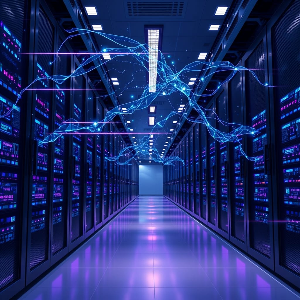 High-tech server room with glowing lights, symbolizing advanced AI processing power