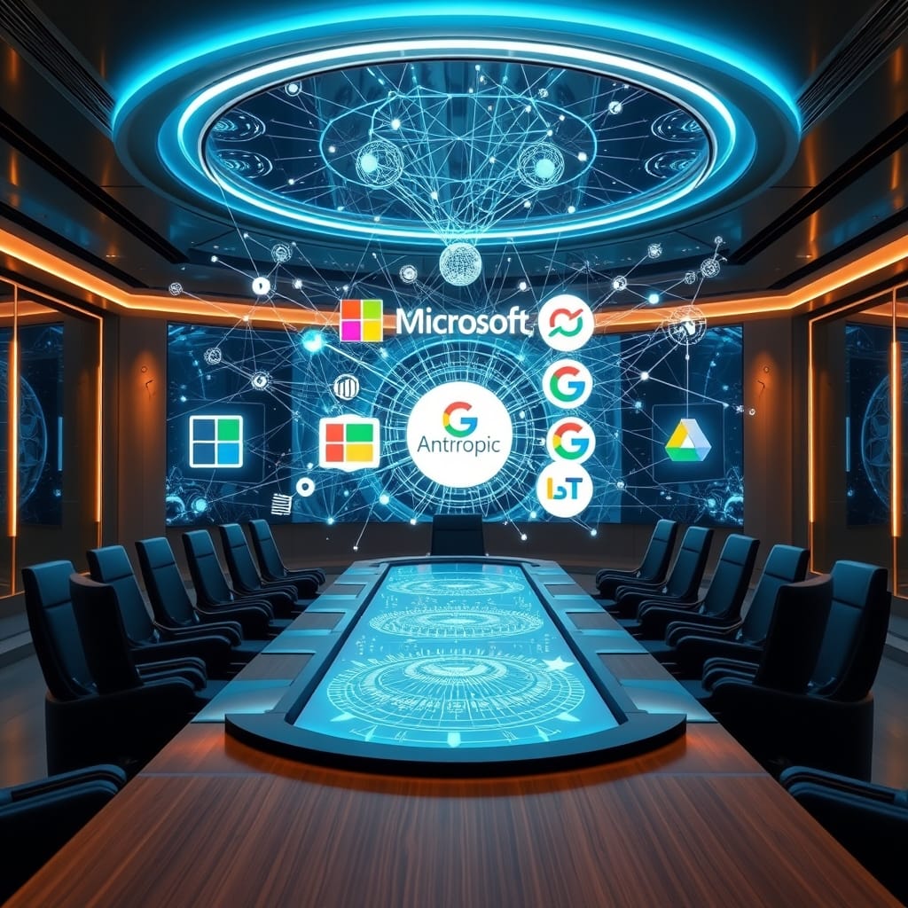 Strategic AI competitive landscape with holographic projections of major tech companies