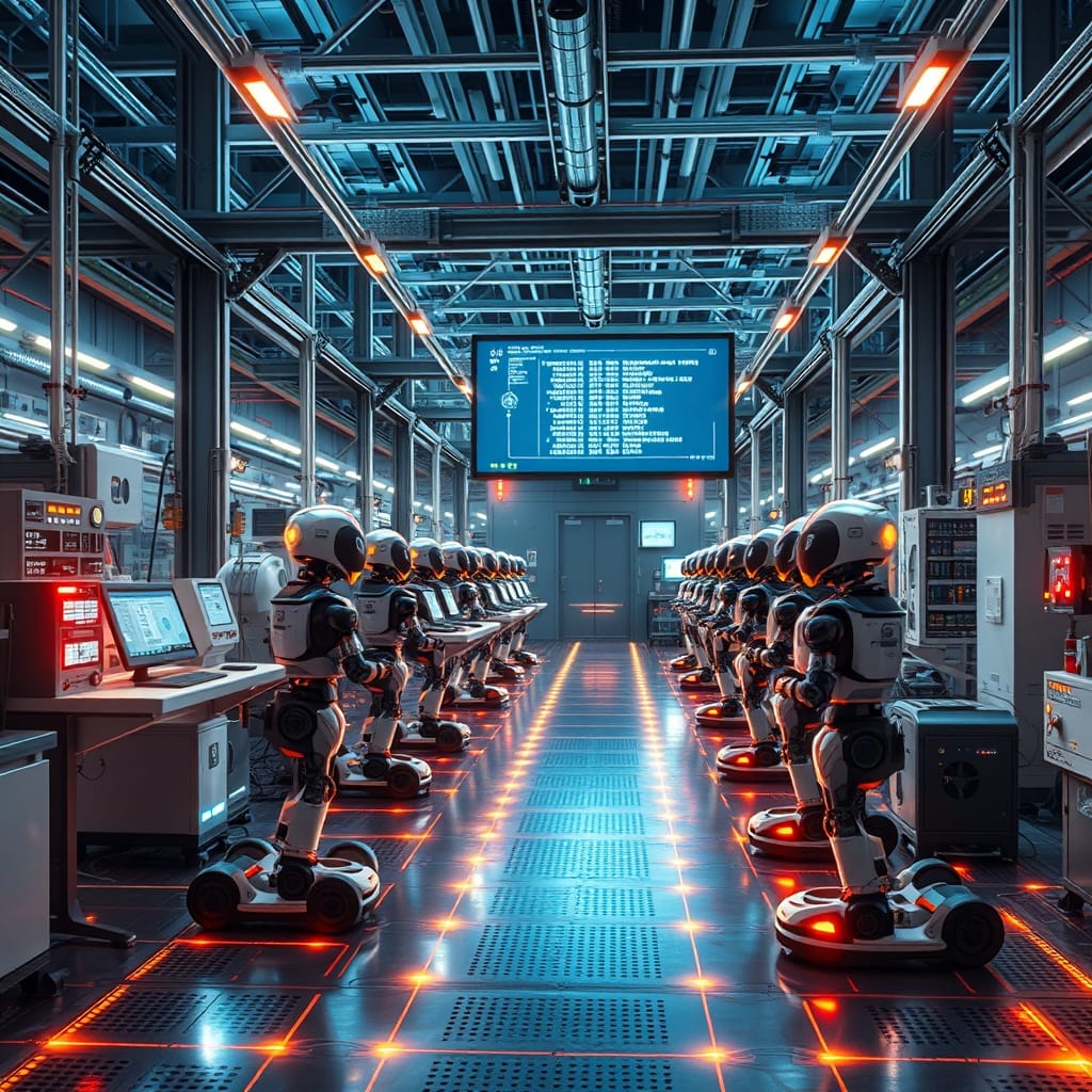 Autonomous robots working in a smart factory powered by NVIDIA's open-source AI models.