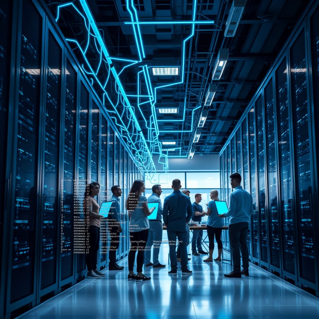 Developers working with AI coding agents in a modern, high-tech environment